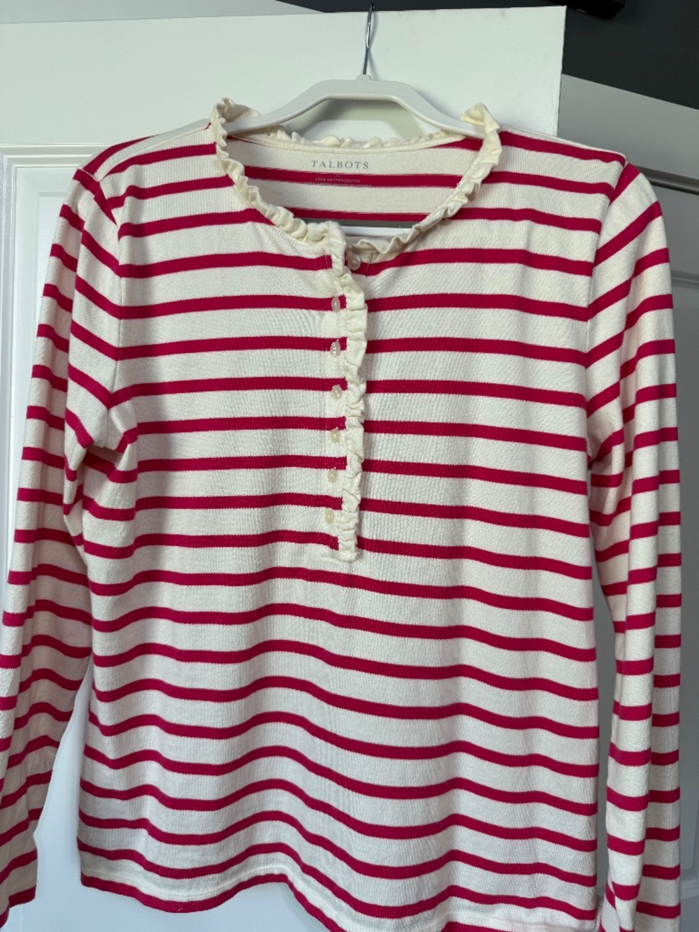 Talbots Ruffle Neck Striped Henley Top – Women's Size Large